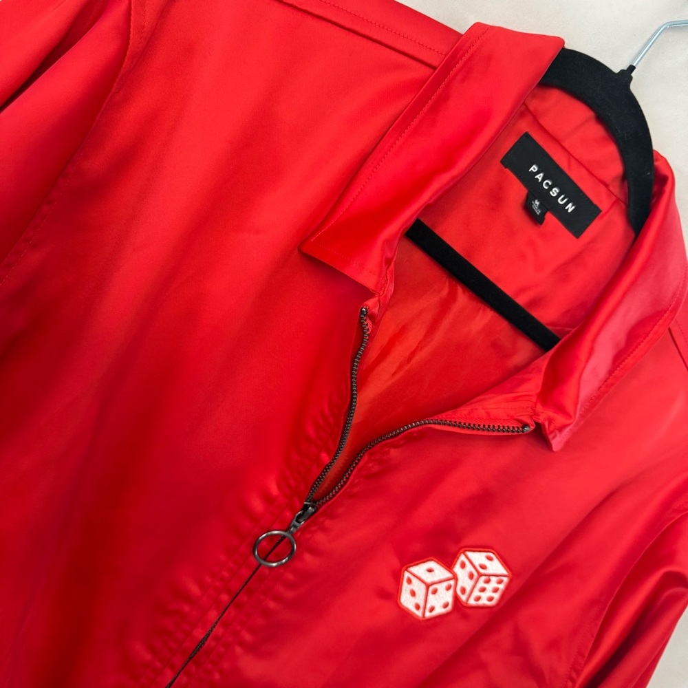 Pacsun Red Jacket Men’s Medium Roll The Dice Graphic Full Zip Bomber Jacket